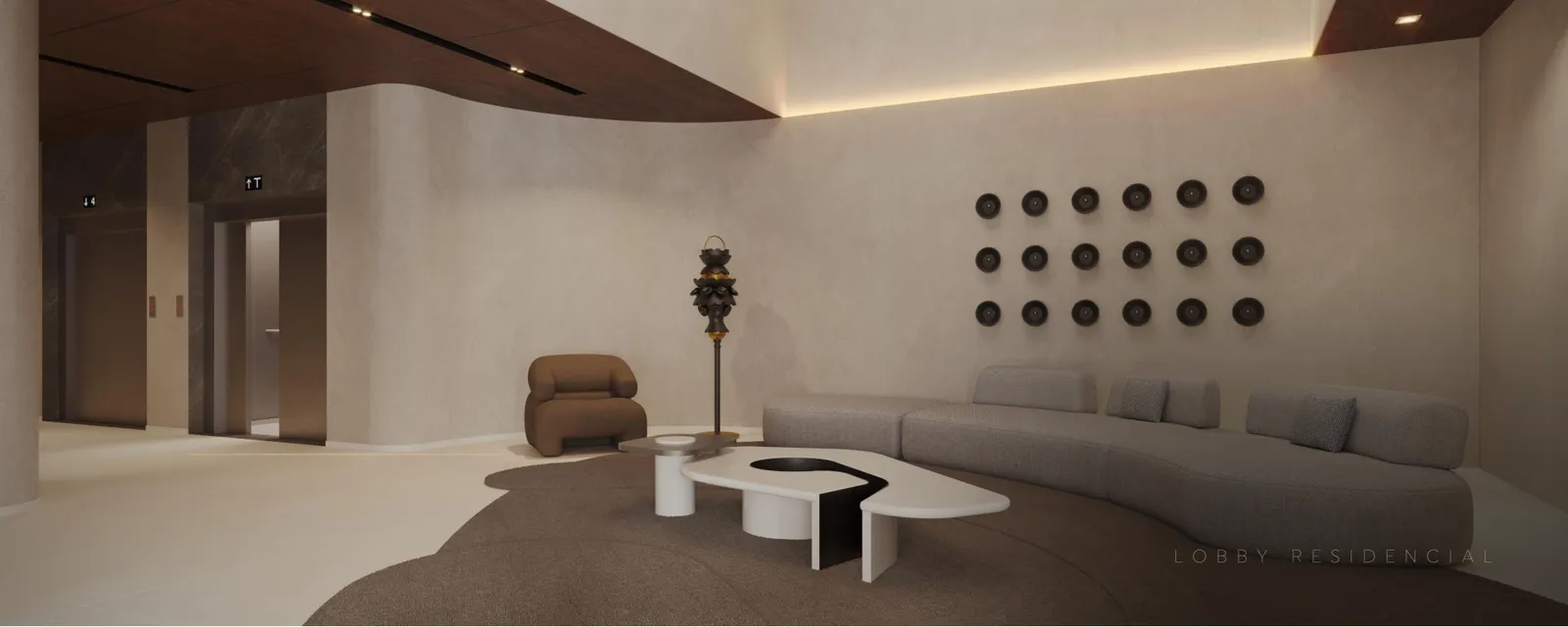 Lobby residencial com obras assinadas