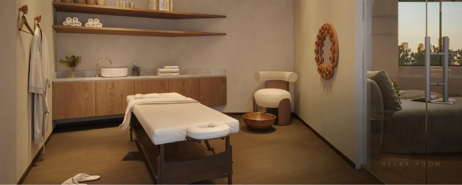 Relax room com maca de massagem