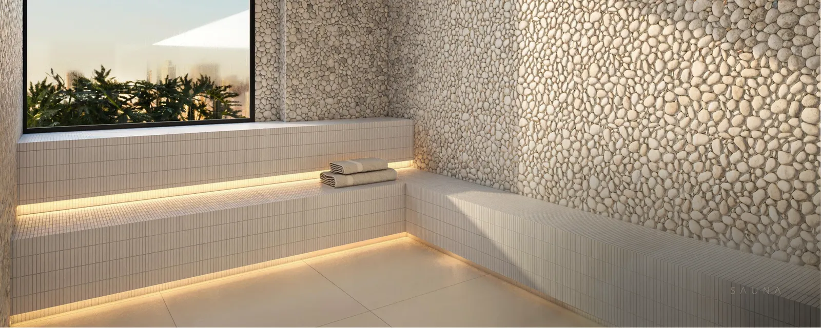 Sauna com janela e vista para a cidade